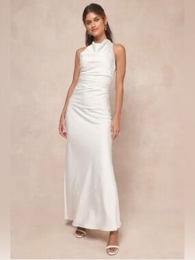 NWT White Satin Cut Out Maxi Wedding Formal Dress Medium
